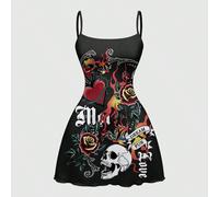 Abito mini con stampa integrale di teschi, cuori, rose spinose e note musicali, adatto per festival, San Valentino e primavera, per donne L,M,S,XL,XS,XXL,XXS,XXXL,XXXXLHalloweenTessuto in maglia