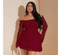 Abito mini con volant, spalle scoperte, maniche lunghe, plissettato e a strati, texture morbida e sensuale, taglie comode per l'autunno 0XL,1XL,2XL,3XL,4XL,5XLColore unicoTessuto in maglia