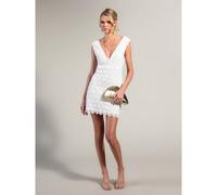 Abito mini da donna alla moda con scollo a V, senza maniche, in pizzo e ricamo - Abito bianco, Abito per notti bianche, Abito estivo, Abito per feste bianche, Abito da festa, Abito foderato, Abito in 