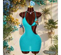 Abito mini da donna con dettagli a stelle marine blu, adatto per le vacanze estive, design sexy con schiena scoperta, vita scavata e collo a canottiera L,M,S,XSColore unicoTessuto in maglia