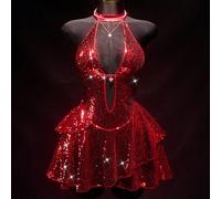 Abito mini da donna con paillettes, scollo ad aletta, rosso scintillante, adatto per matrimoni, compleanni, vacanze, San Valentino, abito da festa alla moda L,M,S,XS,XXSColore unicoPaillettes