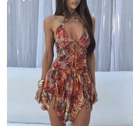 Abito mini da donna con stampa floreale, decorato con perline e lacci, che stringe la vita, adatto per le vacanze L,M,S,XL,XS,XXL,XXSStampa CasualeTessuto in tulle