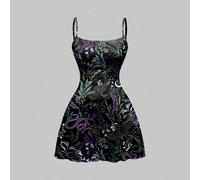 Abito mini da donna con stampa integrale di serpenti, aquile, falene, farfalle e piante in un ambiente forestale scuro, misterioso e orrore, nei colori viola, blu e nero per Ognissanti L,M,S,XL,XS,XXL