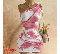 Abito mini da donna con strass e nastro floreale, sfumatura arancione tramonto, adatto per appuntamenti in vacanza, tè pomeridiano, spiaggia, crociera, fuga sull'isola, viaggio on the road, vacanza in