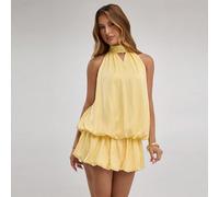 Abito mini da donna giallo pallido estivo elegante per brunch in raso con scollo all'americana, schiena scoperta, gonna a palloncino a bocciolo stile culotte, outfit per feste, cocktail e vacanze L,M,