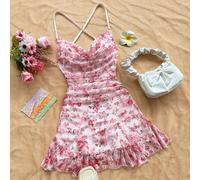 Abito mini da donna per vacanze, con spalline sottili, scollo a V, schiena scoperta, fiocco, coda di pesce, stile sensuale, abito mini, lunghezza tè, shopping, romantico, appuntamento, outfit da spiag