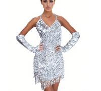 Abito mini da donna scintillante e sexy con frange di paillettes, adatto per feste estive, festival, scollo a V, schiena scoperta, allacciatura, abito da festa Viola,Blu Reale,rosso,nero,rosa rossa,ar