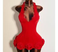 Abito mini da donna sexy con decorazione floreale 3D, schiena scoperta, scollo all'americana, rosso, per feste e club, estivo L,M,S,XLColore unicoTessuto in maglia