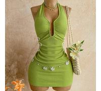 Abito mini da donna verde lime estivo anni '70 per festa in spiaggia vacanza disco con decorazioni floreali 3D in maglia vita cut-out scollo a V schiena aperta festival tropicale L,M,S,XL,XS,XXL,XXS,X