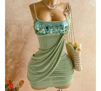 Abito mini da donna verde salvia estivo anni '70 per club, serata e festa disco, con paillettes scintillanti, decorazioni metalliche, schiena scoperta, volant, elegante, da ospite di matrimonio e laur