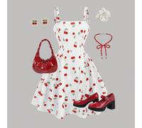 Abito mini da ragazza con stampa di ciliegie, in stile resort carino, adatto per vacanze e picnic 8Y,9Y,10Y,11Y,12Y,13YFrutta & verduraPoliestere