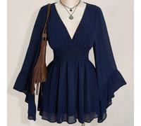 Abito mini donna con maniche a sbuffo, vita arricciata, colore tinta unita, stile alla moda, adatto per la primavera e l'estate, disponibile nei colori blu e blu navy L,M,S,XL,XS,XXL,XXS,XXXL,XXXXLCol