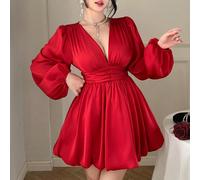 Abito mini donna in raso rosso, scollo a V profondo, maniche lunghe, vita arricciata, cerniera sul retro, orlo a bolle a-line, elegante e sexy, glamour vintage, abito da sera formale, per Capodanno, a