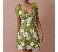 Abito mini elegante da donna con ricamo floreale verde, con spalline in pizzo, senza maniche, romantico ed elegante, sexy, adatto per la stagione dei matrimoni, vacanze, appuntamenti romantici, lauree