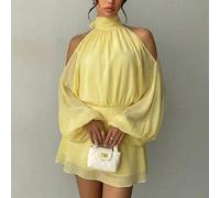 Abito mini elegante da donna giallo pallido, abito da festa a-line con maniche lunghe a lanterna, abito da ospite per matrimonio estivo, abito corto tinta unita per il tè pomeridiano L,M,S,XSColore un
