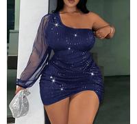 Abito mini elegante da festa Slayr Plus, con patchwork di paillettes e rete, monospalla, aderente, taglie comode 0XL,1XL,2XL,3XL,4XLColore unicoPaillettes