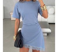 Abito mini elegante e casual da donna con scollo rotondo, orlo asimmetrico, patchwork in pizzo, vita stretta, maniche corte, azzurro chiaro, estivo, per il brunch L,M,S,XSColore unicoTessuto in maglia