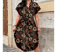 Abito mini floreale con scollo all'occhiello, stile casual da vacanza, per taglie comode, abbigliamento estivo da donna per vacanze 0XL,1XL,2XL,3XL,4XLPiante,stampa dappertuttoTessuto