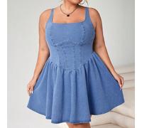 Abito mini in denim senza maniche da donna taglia plus size, blu, di lunghezza al ginocchio 5XL,6XL,7XL,8XLColore unicoDenim