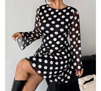 Abito mini in rete con pois, schiena scoperta e maniche a sbuffo, elegante e personalizzato, stile college, adatto per festival musicali, appuntamenti al buio, con stampa leopardata, maniche a sbuffo,