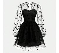 Abito mini nero in rete floccata e trasparente per ragazze adolescenti, con maniche a palloncino e maniche lunghe, orlo a sole, casual, semplice ed elegante, adatto per la stagione dei matrimoni, soci