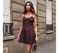 Abito mini retrò francese in stile patchwork a pois marrone scuro, con schiena scoperta, nodo alla gola e allacciatura, in stile dolce per l'estate, le vacanze al mare e il pendolarismo L,M,S,XL,XXLGe