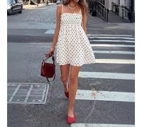 Abito mini vintage con stampa a pois su tutto il capo, stile boho casual, arricciato in vita con elastico, con volant, spalline a spaghetti, può essere indossato anche come gonna in vari modi L,M,S,XS