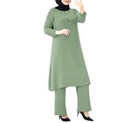 Abito musulmano Abaya da donna, set da 2 pezzi, Corban Ramadan, vestito a maniche lunghe, top e pantaloni, vestibilità comoda, Dubai turco, Medio Oriente, arabo, islamico, O verde chiaro, L