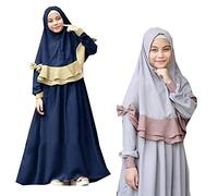 Abito musulmano Abayas per bambine con hijab, 2 pezzi, a maniche lunghe, maxi caftano per Ramadan, per preghiera islamica, per bambini, caftano Thobe per bambini (grigio, 3-4 anni)