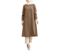 Abito musulmano da donna a maniche lunghe, in cotone, caftano, islamico, abaya, tunica, casual, con bottoni, girocollo, arabo, turco, per donne, Medio Oriente, Dubai, cachi, XL