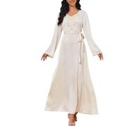 Abito musulmano per le donne con scollo a V a blocchi di colore a maniche lunghe con perline slim fit maxi abito elegante figura lusinghiero abito abaya, 05#_bianco, L