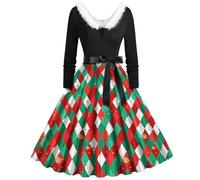 Abito natalizio con scollo a V colletto artificiale, stampa natalizia casual, abito da cintura swing, bianco, L