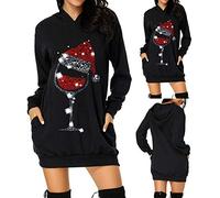 Abito natalizio da donna, a maniche lunghe, con grafica a calice di vino, divertente, con cappuccio, con stampa, casual, con tasche, alla moda, Nero , S