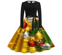 Abito natalizio da donna a quadri, abito da donna, a maniche lunghe, girocollo, divertente, motivo natalizio Hepburn Swing Merry Christmas Party Vestito natalizio per donne