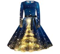 Abito natalizio da donna, elegante, da donna, a maniche lunghe, girocollo, per albero di Natale, motivo Hepburn Swing Merry Christmas