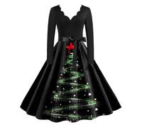 Abito natalizio da donna multicolore vintage stampato vacanza scollo a V manica lunga abito da cocktail rosso abiti natalizi da donna maglione da donna vintage una linea retrò manica lunga svasata