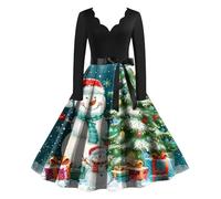 Abito natalizio da donna multicolore vintage stampato vacanza scollo a V manica lunga abito da cocktail rosso abiti natalizi da donna maglione da donna vintage una linea retrò manica lunga svasata