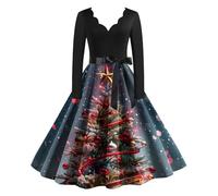 Abito natalizio da donna multicolore vintage stampato vacanza scollo a V manica lunga abito da cocktail rosso abiti natalizi da donna maglione da donna vintage una linea retrò manica lunga svasata