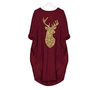 Abito natalizio da donna, taglie forti, ampio, girocollo, tinta unita, con stampa di corna di Natale, abito midi casual con tasche, per feste quotidiane, feste di maternità, club, Rosso, 4XL