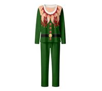 Abito natalizio da donna verde con giacca e trous stampati festivi | Abito verde a due pezzi con giacca con bottoni frontali con stampe di personaggi festivi e pantaloni a gamba dritta abbinati