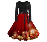 Abito natalizio da donna, vestibilità regolare, gonna a vita media, stile retrò, a maniche lunghe, tinta unita, per feste, vita quotidiana, regali di Natale, Beige, XL