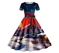 Abito Natalizio Donna-Abito Natalizio Donna-Abito da Donna da con Stampa Natalizia A Maniche Corte, Casalinga degli Anni '50