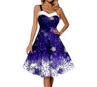 Abito Natalizio Donna Curvy Elegante Vestito di Natale con Scollo a V Abiti Stampa Natale A Linea Invernale Vestiti Christmas Vintage Abito da Natalizia Party Festa Cocktail