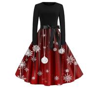 Abito Natalizio Donna Manica Lunga, Costumi Natale Donna Girocollo Midi, Abiti Stampati Unico - Christmas Dress Rock-Chic Slim Fit Vermiglio L
