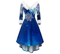 Abito Natalizio Donna Manica Lunga, Costumi Natale Donna Scollo a V Midi, Abiti Stampati Affascinante - Christmas Dress Slim Fit Moda Blu Reale XXL