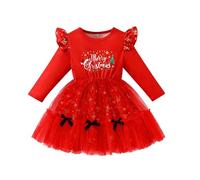 Abito Natalizio in Chiffon per Bambina Elegante Vestito di Natale per Bambine Maniche Lunghe con Stampa Costumi Natalizi per Bimba Abiti da Festa per Bambini per Natale (Red, 3-4 Years)