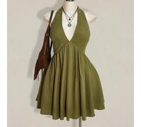 Abito nero a-line con vita stretta, senza schienale, collo a canottiera, adatto per l'estate, le vacanze, l'uso quotidiano, lo stile Y2K, le vacanze estive, il ritorno a scuola 0XL,1XL,2XL,3XL,4XLColo