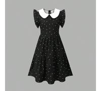 Abito nero con pois bianchi per ragazze pre-adolescenti & Colletto Peter Pan a contrasto & Maniche a volant con design a volant & Stampa classica a pois & Stile vintage dolce Abbigliamento per bambini