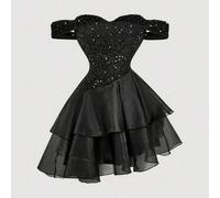 Abito nero da donna con spalle scoperte e paillettes, con gonna a doppio strato in organza, abito scintillante adatto per San Valentino, compleanni, occasioni eleganti, matrimoni, crociere, appuntamen