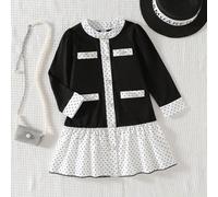 Abito nero elegante e alla moda per ragazze giovani con piccoli pois e patchwork, adatto per uso quotidiano casual, uscite, vacanze, pendolarismo versatile, campus, transizione stagionale, autunno 6Y,